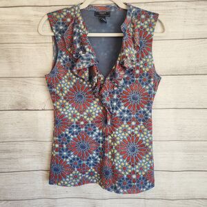 Chaps denim M blue Ruffled boho Y2K 90s floral sleeveless Mesh top